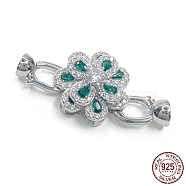 Rhodium Plated 925 Sterling Silver Micro Pave Lime Green Cubic Zirconia Fold Over Clasps, Flower, Real Platinum Plated, 34.5mm, Hole: 4mm(STER-P054-04P)