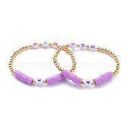 Mother's Day Gifts, Stretch Bracelets, with Polymer Clay Heishi Beads, Initial Acrylic Beads and Golden Plated Brass Beads, Word Mom, Plum, Inner Diameter: 2-3/8 inch(6.2cm)(BJEW-JB05622-03)