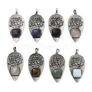 Natural & Synthetic Mixed Gemstone Square Big Pendants, Rack Plating Antique Silver Plated Alloy Leaf Charms, Cadmium Free & Lead Free, 56.5x30x7mm, Hole: 6.5x5mm(G-F763-07AS)