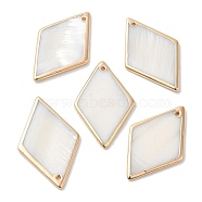 Electroplated Natural Freshwater Shell Pendants with Golden Plated Brass Edge, Rhombus Charms, WhiteSmoke, 38~39.5x24~25x2~2.5mm, Hole: 1.2mm(SHEL-M019-01G)