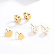 Random Style Stainless Steel Huggie Hoop Earring & Stud Earring Sets, Jewelry for Women, Real 18K Gold Plated, Heart, 6~10x6~10mm(HD4662-4)