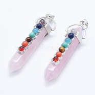 Chakra Jewelry, Natural Rose Quartz Double Terminated Pointed Pendants, with Natural & Synthetic Mixed Stone Alloy Findings, Bullet, Platinum, 58~61x16.5~18x15.5~16mm, Hole: 4.5x7.5mm(G-G759-C07)