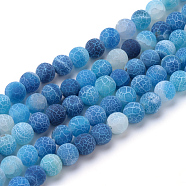 Natural & Dyed Crackle Agate Bead Strands, Frosted Style, Round, Blue, 10mm, Hole: 1.2mm, about 37~40pcs/strand, 14.9~15.1 inch(38~38.5cm)(G-T056-10mm-07)