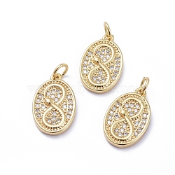 Brass Micro Pave Cubic Zirconia Pendants, with Jump Rings, Long-Lasting Plated, Oval with Infinity, Clear, Golden, 16x10.5x2mm, Hole: 3.4mm(ZIRC-G163-15G)