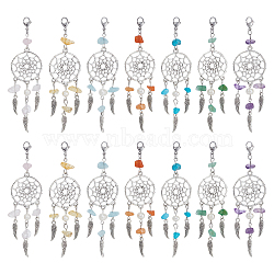 14Pcs 7 Style Natural Gemstone Chip Pendant Decoration, Alloy Woven Net/Web with Wing Hanging Ornament, with Natural Cultured Freshwater Pearl, 304 Stainless Steel Lobster Claw Clasps, 98~100mm, 2pcs/style(HJEW-NB0001-81)