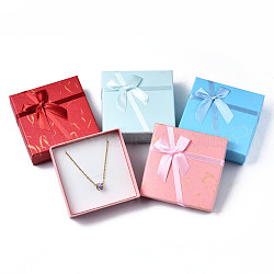 Cardboard Jewelry Set Box, for Necklace, Ring, Earring Packaging, with Bowknot Ribbon Outside and White Sponge Inside, Square, Mixed Color, 9.05x9.05x3.5cm(CBOX-T004-06)
