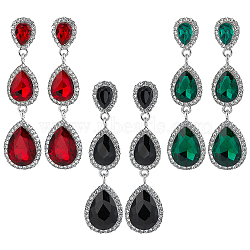 3 Pairs 3 Colors Glass Teardrop Dangle Stud Earrings with Rhinestone, Platinum Alloy Long Drop Earrings for Women, Mixed Color, 67x17mm, 1 pair/color(EJEW-AN0003-98)