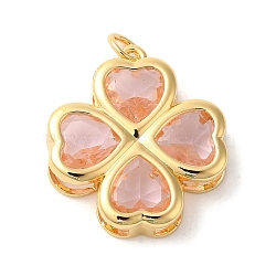 Rack Plating Brass Pendants, with Glass, Long-Lasting Plated, Lead Free & Cadmium Free, Flower, with Jump Ring, Golden, Pearl Pink, 23.5x21x5.5mm, Hole: 3mm(KK-U022-02C-G)