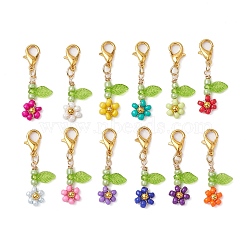 Acrylic Flower Pendant Decorations, Glass Seed Beads and Alloy Lobster Claw Clasps Charms for Bag Ornaments, Mixed Color, 33mm, 12pcs/set(HJEW-MZ00086)