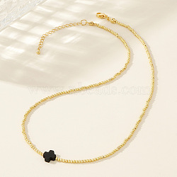 Real 18K Gold Plated 2mm Round Brass Beaded Necklaces, Cross Necklaces, Black, 16.54 inch(42cm)(HJ8238-1)