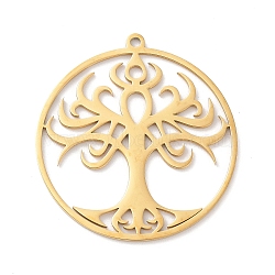 304 Stainless Steel Pendants, Laser Cut, Golden, Flat Round with Tree of Life Charm, 32x29.5x1mm, Hole: 1.5mm(STAS-G319-01F)