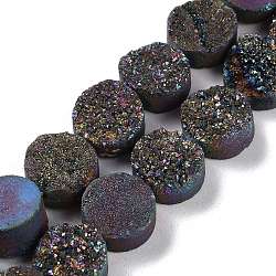 Electroplated Natural Druzy Agate Beads Strands, Dyed, Flat Round, Rainbow Plated, 10x10x4~7mm, Hole: 1mm, about 20pcs/strand, 7.99''(20.3cm)(G-M433-01F)