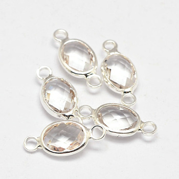 Oval Faceted Silver Color Plated Brass Glass Links connectors, Clear, 15x6.5x3.2mm, Hole: 1mm