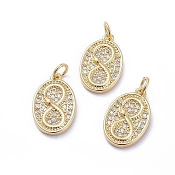 Brass Micro Pave Cubic Zirconia Pendants, with Jump Rings, Long-Lasting Plated, Oval with Infinity, Clear, Golden, 16x10.5x2mm, Hole: 3.4mm