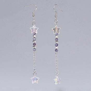 Glass Beaded Dangle Earrings, with Brass Earring Hooks and 316 Surgical Stainless Steel Curb Chains and Acrylic Beads, Star, Lilac, 95mm, Pin: 0.6mm