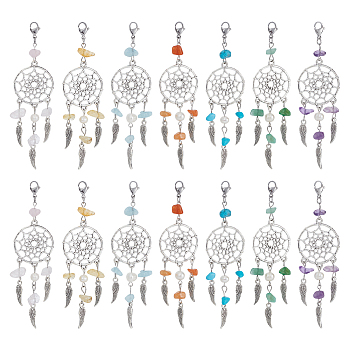 14Pcs 7 Style Natural Gemstone Chip Pendant Decoration, Alloy Woven Net/Web with Wing Hanging Ornament, with Natural Cultured Freshwater Pearl, 304 Stainless Steel Lobster Claw Clasps, 98~100mm, 2pcs/style
