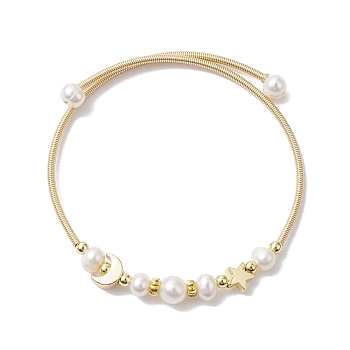 Natural Cultured Freshwater Pearl Bangle with Star Moon Brass Beads, Golden, Inner Diameter: 2-1/8 inch(5.35cm)
