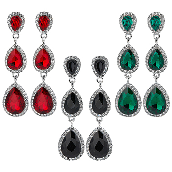 3 Pairs 3 Colors Glass Teardrop Dangle Stud Earrings with Rhinestone, Platinum Alloy Long Drop Earrings for Women, Mixed Color, 67x17mm, 1 pair/color