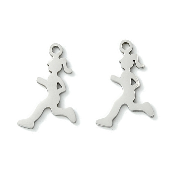 Non-Tarnish 201 Stainless Steel Pendants, Laser Cut, Running Girl Charm, Stainless Steel Color, 17.5x11x1mm, Hole: 1.4mm