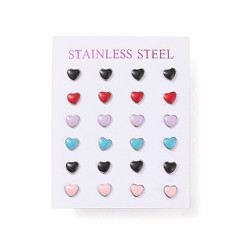 Enamel Heart Stud Earrings, 304 Stainless Steel Earrings with 316 Surgical Stainless Steel Pins for Women, Stainless Steel Color, 5.5x6x2mm, Pin: 0.8mm