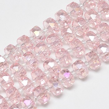 Electroplate Glass Beads Strands, Rainbow Plated, Faceted, Flat Round, Pink, 10x6mm, Hole: 1.5mm, about 60pcs/strand, 18.9 inch