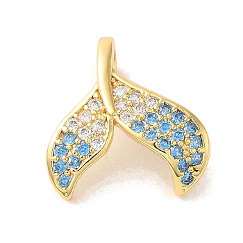 Brass Cubic Zirconia Pendants, Real 14K Gold Plated, Fishtail, Sky Blue, 14x14x6mm, Hole: 5x3mm
