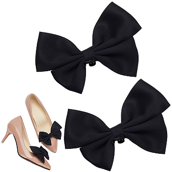 Bowknot Polyester Shoe Decorations, Detachable Iron Shoe Buckle Clips, Black, 72x115x16.5mm