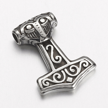 304 Stainless Steel Pendants, Thor's Hammer, Antique Silver, 29.5x21x7mm, Hole: 3.5mm