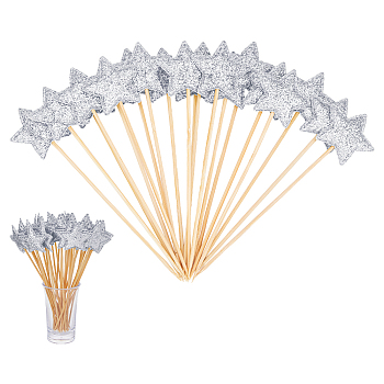 80Pcs Star Cloth Cake Insert Card Decoration, with Bamboo Stick, Cake Toppers, Silver, 135~140mm