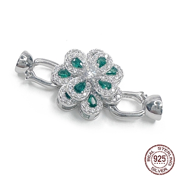Rhodium Plated 925 Sterling Silver Micro Pave Lime Green Cubic Zirconia Fold Over Clasps, Flower, Real Platinum Plated, 34.5mm, Hole: 4mm