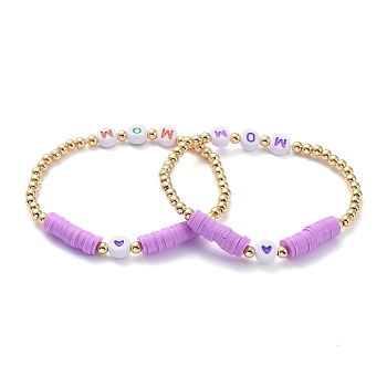 Mother's Day Gifts, Stretch Bracelets, with Polymer Clay Heishi Beads, Initial Acrylic Beads and Golden Plated Brass Beads, Word Mom, Plum, Inner Diameter: 2-3/8 inch(6.2cm)
