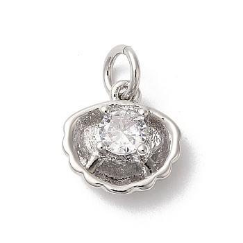 Rack Plating Brass Clear Cubic Zirconia Charms, with Jump Ring, Long-Lasting Plated, Cadmium Free & Lead Free, Sea Shell, Platinum, 14x10x4mm, Hole: 3mm