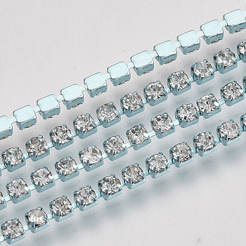 Electrophoresis Iron Rhinestone Strass Chains, Crystal Rhinestone Cup Chains, with Spool, Pale Turquoise, SS8.5 Rhinestone, 2.4~2.5mm, about 10yards/roll