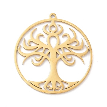 304 Stainless Steel Pendants, Laser Cut, Golden, Flat Round with Tree of Life Charm, 32x29.5x1mm, Hole: 1.5mm