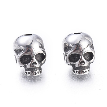 Halloween 304 Stainless Steel Beads, Skull Head, Antique Silver, 9x6x7mm, Hole: 1.5mm