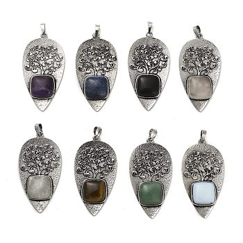 Natural & Synthetic Mixed Gemstone Square Big Pendants, Rack Plating Antique Silver Plated Alloy Leaf Charms, Cadmium Free & Lead Free, 56.5x30x7mm, Hole: 6.5x5mm
