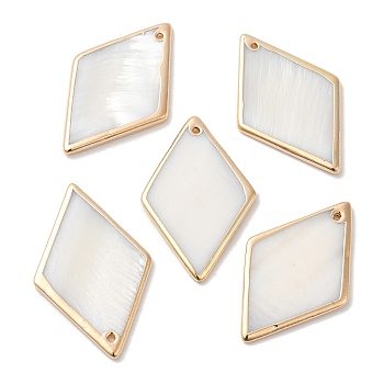Electroplated Natural Freshwater Shell Pendants with Golden Plated Brass Edge, Rhombus Charms, WhiteSmoke, 38~39.5x24~25x2~2.5mm, Hole: 1.2mm