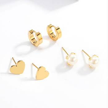 3 Pairs 3 Style Stainless Steel Huggie Hoop Earring & Stud Earring Sets, Jewelry for Women, Real 18K Gold Plated, Heart, 6~10x6~10mm, 1 pair/style
