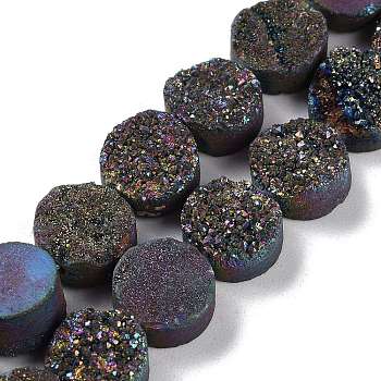 Electroplated Natural Druzy Agate Beads Strands, Dyed, Flat Round, Rainbow Plated, 10x10x4~7mm, Hole: 1mm, about 20pcs/strand, 7.99''(20.3cm)