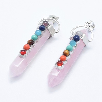 Chakra Jewelry, Natural Rose Quartz Double Terminated Pointed Pendants, with Natural & Synthetic Mixed Stone Alloy Findings, Bullet, Platinum, 58~61x16.5~18x15.5~16mm, Hole: 4.5x7.5mm