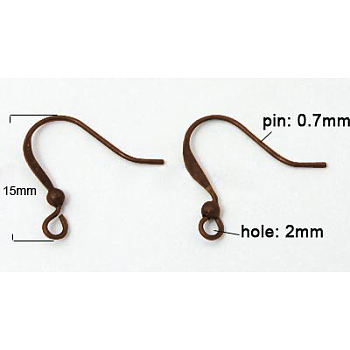 Brass French Earring Hooks, Flat Earring Hooks, with Beads and Horizontal Loop, Lead Free & Nickel Free, Red Copper, 15mm, Hole: 2mm
