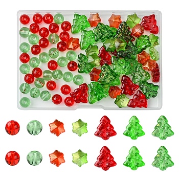 80Pcs 7 Styles Transparent Glass Beads Strands, Round/Christmas Trees/Christmas Snowflake, Mixed Color, 11.5~16x10.5~15x5.5~7.5mm, Hole: 0.8~1.5mm