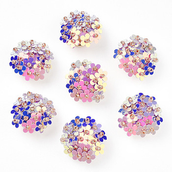 PVC Paillette Cabochons, Cluster Beads, with Glass Seed Beads and Golden Plated Brass Perforated Disc Settings, Flower, Lavender, 20~23x10~11mm