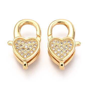 Brass Micro Pave Cubic Zirconia Lobster Claw Clasps, Heart, Real 18K Gold Plated, 17x10x5mm, Hole: 1x2mm