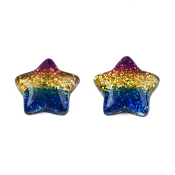 Rainbow Resin Cabochons, with Glitter Powder, Star, Colorful, 16x16x5mm