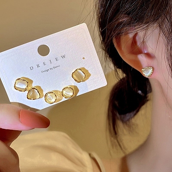Alloy Cat Eye Stud Earrings for Women, with 925 Sterling Silver Pin, Mixed Shapes, Golden, 10mm, 3 pairs/set