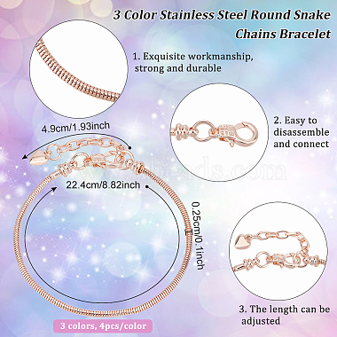 12Pcs 3 Color Stainless Steel Round Snake Chains Bracelet for Men Women(DIY-BC0009-44)-2
