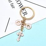 Alloy Enamel Keychain, with Iron Rings, Corss, Pink, 79mm(KEYC-YW00165-02)