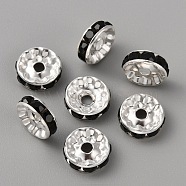 50Pcs Alloy Rhinestone Spacer Beads, Flat Round/Disc, Silver, Jet, 10x3.5mm, Hole: 2mm(ALRI-SZC0003-05S-01)