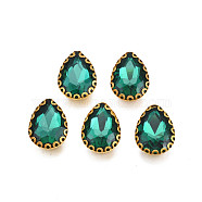 Sew on Rhinestone, Transparent Glass Rhinestones, with Iron Prong Settings, Faceted, Teardrop, Teal, 14.5x10.5x5.5mm, Hole: 1mm(RGLA-S030-12-B06)